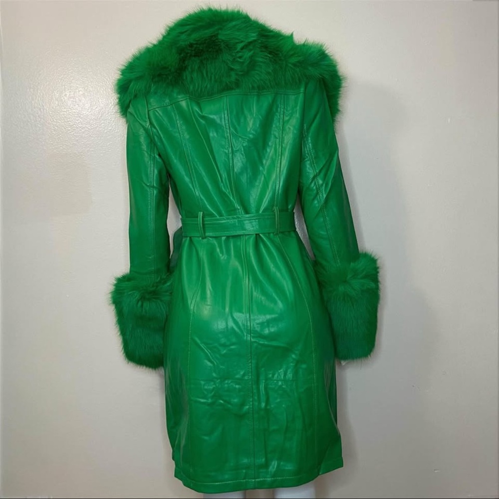 Green faux leather single breasted removable faux fur on collar trench coat - Picture 3 of 13